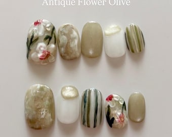 Japanese Press On Nails - Antique Flower Olive - Handmade Gel Nails