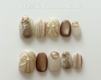 Classic Ribbon Latte/Japanese nailtips/handmadenailtlps