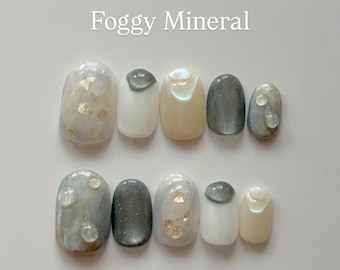 Made in Japan. Blue and white press-on nails. Hand-painted, handmade false nails.