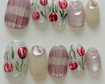 Made in Japan Tulip Press-On Nails - Hand-painted, Handmade False Nails