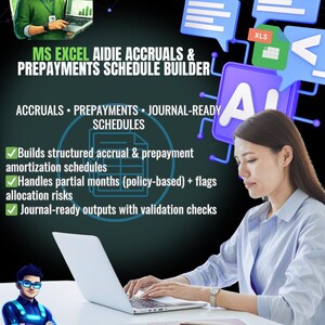 May include: An advert for MS Excel Aidie Accruals & Prepayments Schedule Builder. The image shows a woman using a laptop, with the text "Your AI Office Companion." The ad highlights features such as structured accrual schedules and journal-ready outputs.