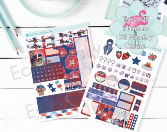 The1407Planners B6 Deluxe | July | Summer Planner Sickers | B6 Monthly Sticker Kit | Red White Blue Stickers | K058_B6