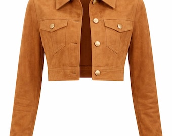 Chaqueta corta de ante auténtico para mujer – Color tostado. Un básico para un look casual.