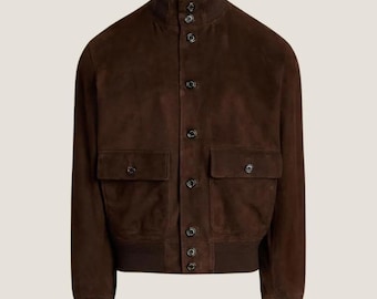 Chaqueta de ante marrón para hombre con botones delanteros de cuero, ropa informal