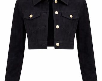 Chaqueta corta minimalista de ante negro para mujer, ideal para uso diario.