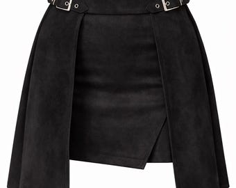 Minifalda negra de ante con tirantes de hebilla para mujer, regalo de moda