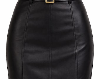 Minifalda de talle alto de piel auténtica negra para mujer, silueta ajustada.