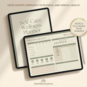 May include: Two digital tablets displaying a self-care wellness planner. The top tablet shows "Self-Care Wellness Planner" and the bottom tablet displays a "Wellness Check-In" layout. A bonus sticker book is included.