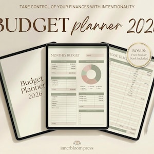 May include: A budget planner for 2026 with a monthly budget layout, expense tracker, and a bonus sticker book. The planner is displayed on a tablet and a notebook, with the text "Take control of your finances with intentionality."