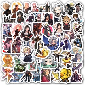 May include: A collection of die-cut stickers featuring various characters from a video game. The stickers showcase a variety of characters in different poses and styles, with a white border around each sticker. The color palette includes shades of blue, red, yellow, and black.