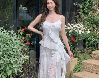 Porcelain White Two Piece Set, Ruffle Cami Top, Lace Skirt, Bridal Dress, Honeymoon Outfit