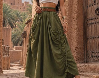 Linen Maxi Skirt with Pockets, Drawstring Waist, Boho Cargo, Plus Size