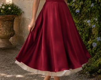 Burgundy Satin Corset Midi Dress, Sweetheart Neckline, Tulle Hem, Plus Size