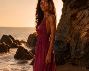 Robe longue à col en V profond | Robe de déesse bohème dos nu, invitée de mariage d'été à bretelles fines