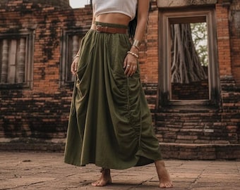 Boho Linen Maxi Skirt with Pockets | Drawstring Cargo Festival Travel Skirt