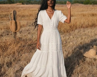White Cotton Embroidered Lace Boho Maxi Dress V Neck Hippie Resort Vacation Kaftan