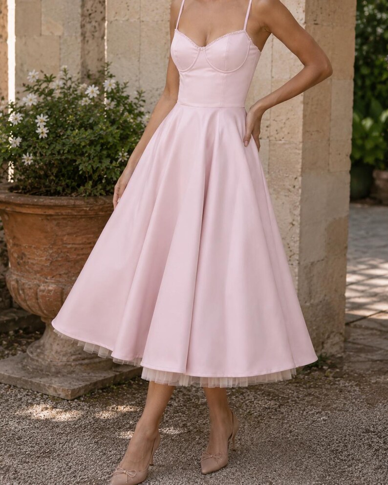May include: A light pink midi dress featuring a fitted bodice with a sweetheart neckline, thin spaghetti straps, and a full, flared skirt. The hemline reveals a layer of delicate white tulle underneath, creating a structured and voluminous silhouette.