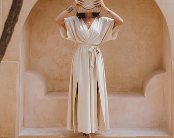 Boho Wrap Maxi Dress, Kimono Sleeve Dress, Tie Waist Bridesmaid, Flowy Vacation Outfit