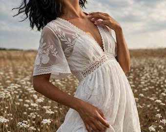 Damen Weiß Boho Bestickte Spitze Maxi Kleid V Ausschnitt Kaftan: Hippie Resort Urlaubskleid