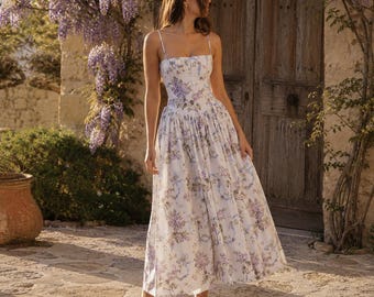 Floral Cottagecore Maxi Dress, Square Neck Corset Bodice, Ladder Lace Trim