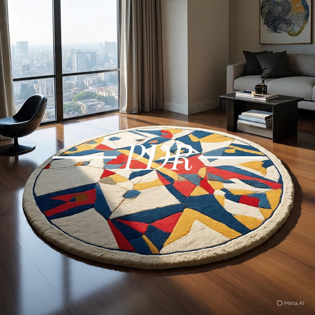 Vintage Wool Round Rug Features a Geometric Abstract Design in Bold ...