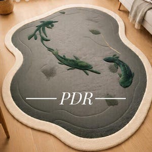Tapete de lã tufado à mão – Desenho de lago de carpas koi, para crianças e sala de estar.