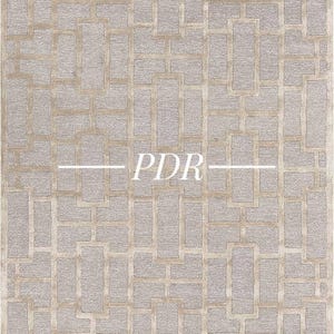 Pode incluir: Um tapete retangular com um padrão geométrico. O tapete apresenta um design repetitivo de retângulos e linhas interconectadas em tons de bege e cinza. O texto "PDR" está centrado no tapete.