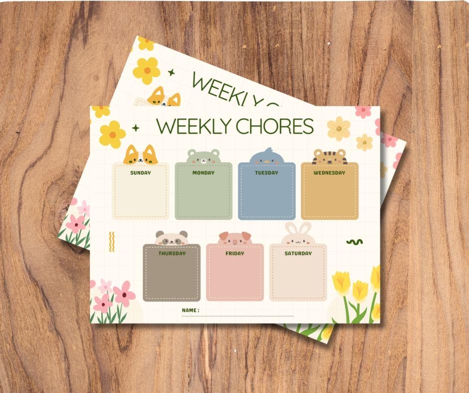 Kids Weekly Chore Chart Printable, Cute Animal Responsibility Chart for ...