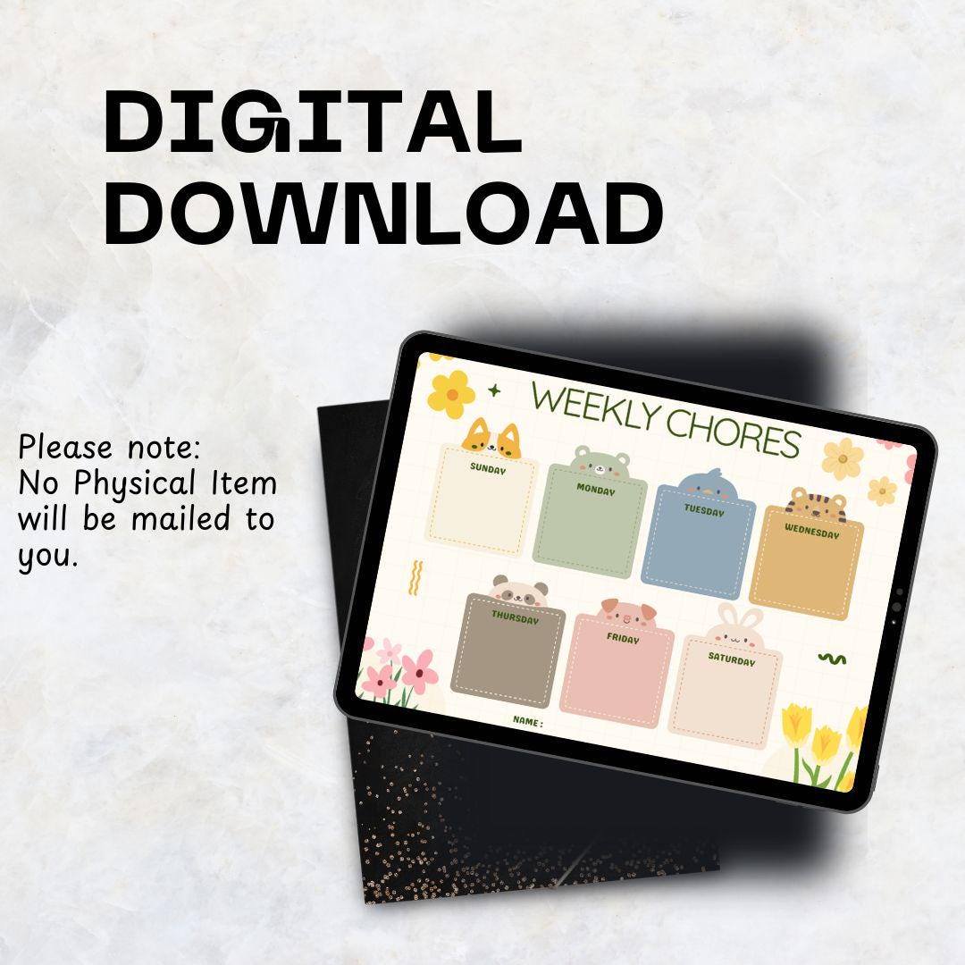 Kids Weekly Chore Chart Printable, Cute Animal Responsibility Chart for ...