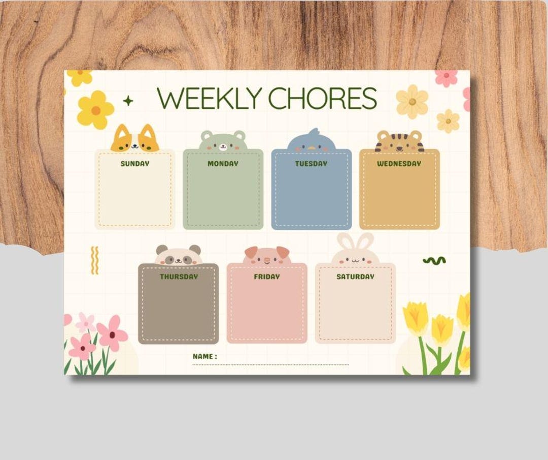 Kids Weekly Chore Chart Printable, Cute Animal Responsibility Chart for ...