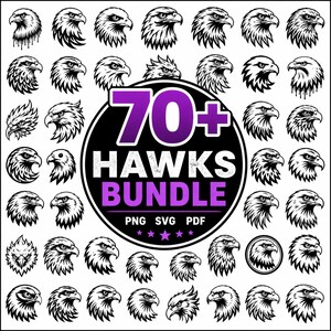 May include: A collection of black and white hawk head illustrations. The image features a central purple and black circle with the text "70+ HAWKS BUNDLE" and file type indicators. The hawk illustrations vary in style and detail.