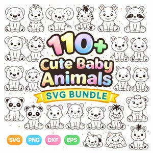 Puede incluir: Un conjunto de más de 110 ilustraciones de animales bebés adorables en formato SVG. La imagen presenta varios animales de dibujos animados, como osos y mapaches, todos en blanco y negro. El texto del título está en letras coloridas.