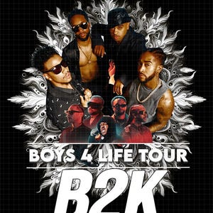Pode incluir: Imagem promocional do grupo musical B2K. A imagem mostra os membros da banda em várias poses, contra um fundo preto com um design floral branco decorativo. O texto "BOYS 4 LIFE TOUR" e "B2K" são exibidos de forma proeminente.