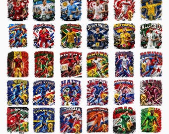 Paquete de imágenes PNG de 48 selecciones de la Copa Mundial de Fútbol – Gráficos de semitonos para ropa urbana (Descarga digital)