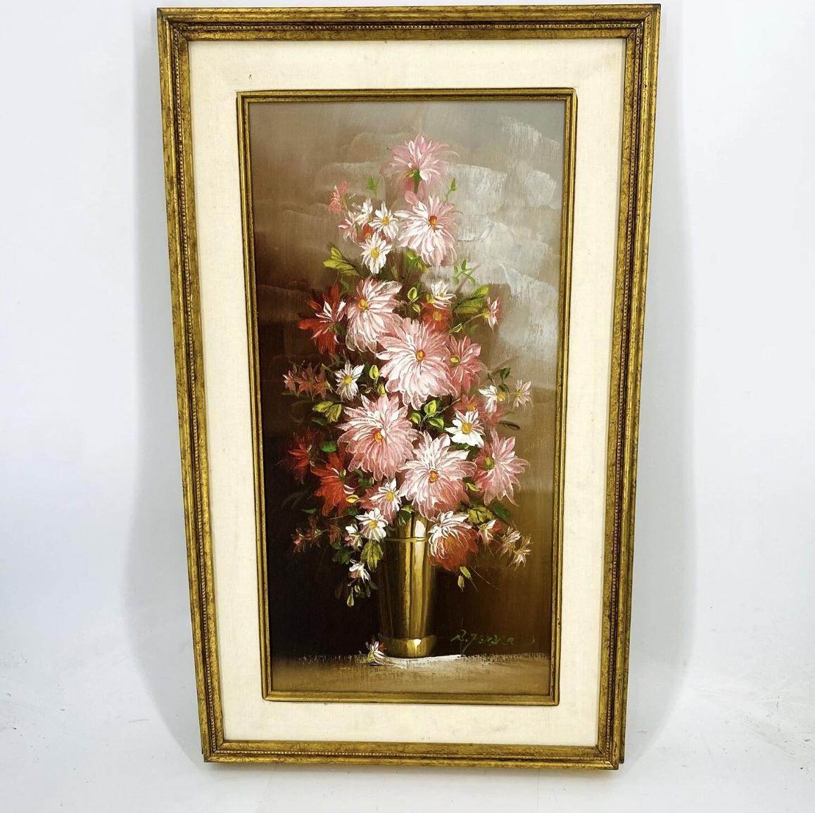 ヴィンテージ 1981年 サイン入り アート 油彩 キャンバス 絵画 ピンク