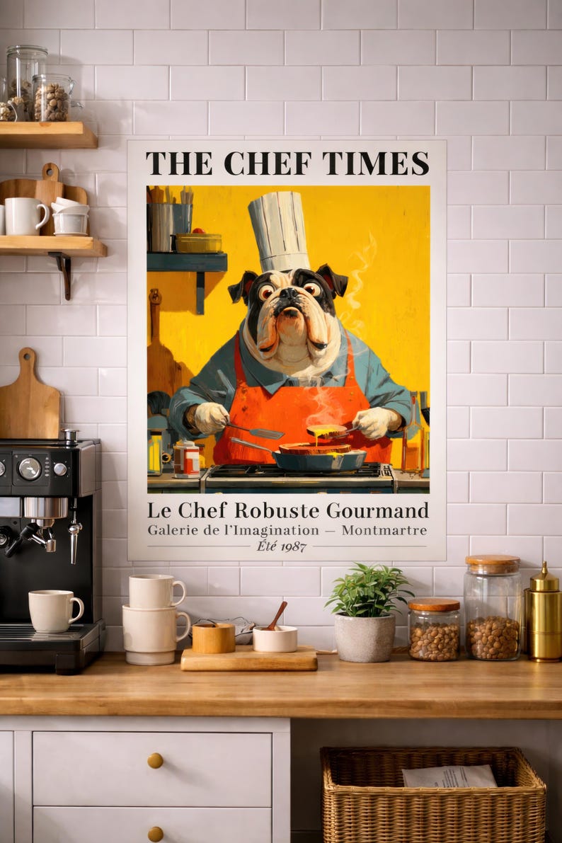 Bulldog Cook Poster Funny Vintage French Kitchen Wall Decor Art THE ...