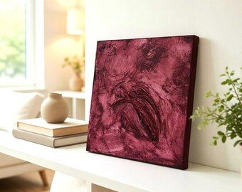 Peinture texturée bordeaux originale 20 x 20 cm • Art mural sculptural sur toile techniques mixtes