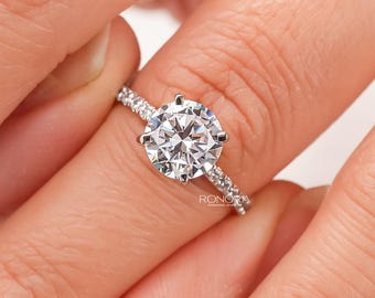 2CT Round Brilliant Moissanite Pave Band Solitaire Engagement Ring 14K Solid Rose Gold D VVS Bridal Promise Wedding Anniversary Gift for Her