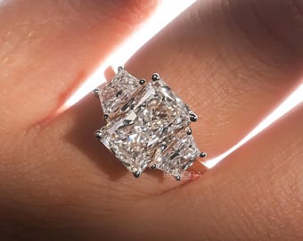 IGI Certified 1-10CT Radiant Cut Lab Diamond Three Stone Engagement Ring 14K Gold Trapezoid Heart Basket Anniversary Wedding Gift for Her