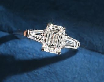 IGI Certified Emerald Cut Diamond Ring, 14K Solid Gold EF VVS Tapered Baguette Three Stone Ring for Her, Engagement Anniversary Wedding Gift