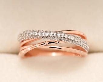 Crossover Round Lab Diamond Ring, Criss Cross Pave Band, 14K Rose Gold Wedding Engagement Anniversary Half Eternity Stackable Gift for Her