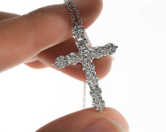 2.5CT Diamond Cross Necklace, 14K Solid White Gold EF VVS Round Diamond Cross Pendant for Her, Anniversary Wedding Christmas Birthday Gift