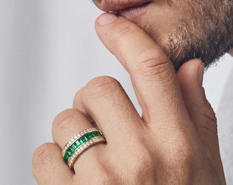 Synthetic Emerald Lab Diamond Statement Ring for Him, Channel Set Baguette Emerald Band, 14K Gold Wedding Anniversary Birthday Gift for Men