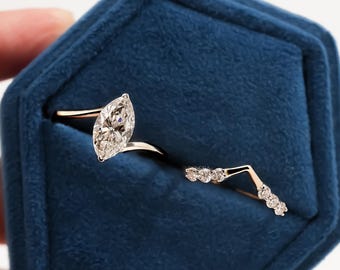 IGI Certified Marquise Lab Diamond Bypass Ring Set, Chevron Wedding Band, Solid Gold Bridal Set for Her, Wedding Anniversary Valentine Gift