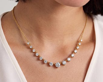 5CT Graduated Round Diamond Tennis Necklace, 14K Solid Gold Lab Diamond Necklace for Her, VVS-VS Diamond, Anniversary Wedding Birthday Gift