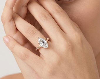 IGI Certified 5CT Marquise Lab Diamond Engagement Ring 14K Rose Gold Hidden Halo Engraved Band, Wedding Anniversary Bridal Gift for Her