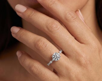 IGI Certified Round Diamond Engagement Ring, 1 to 5CT Lab Grown, Alternating Marquise Band, Gold Ring for Her, Anniversary Wedding Gift
