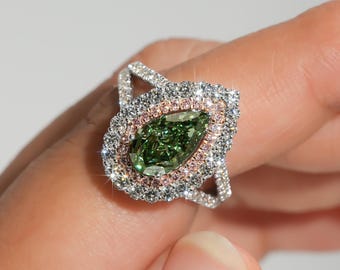 IGI Certified Green Pear Diamond Engagement Ring, 1 to 3CT Lab Grown, Pink Double Halo, Split Shank Ring for Her, Anniversary Wedding Gift
