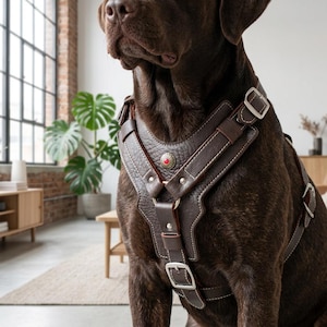 Op de afbeelding: Een bruin leren hondentuig met witte stiksels en zilverkleurige gespen. Het tuig heeft een decoratieve rode en zilveren knoop op de borst. De hond is een chocolade labrador. De achtergrond toont een raam, planten en houten meubels.