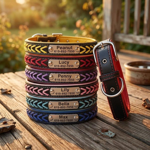 Personalized Dog Collar with Braided Leather, Custom Engraved Name Plate, Luxury Pet Collar for Small Medium Large Dogs, Cute Puppy Gifts